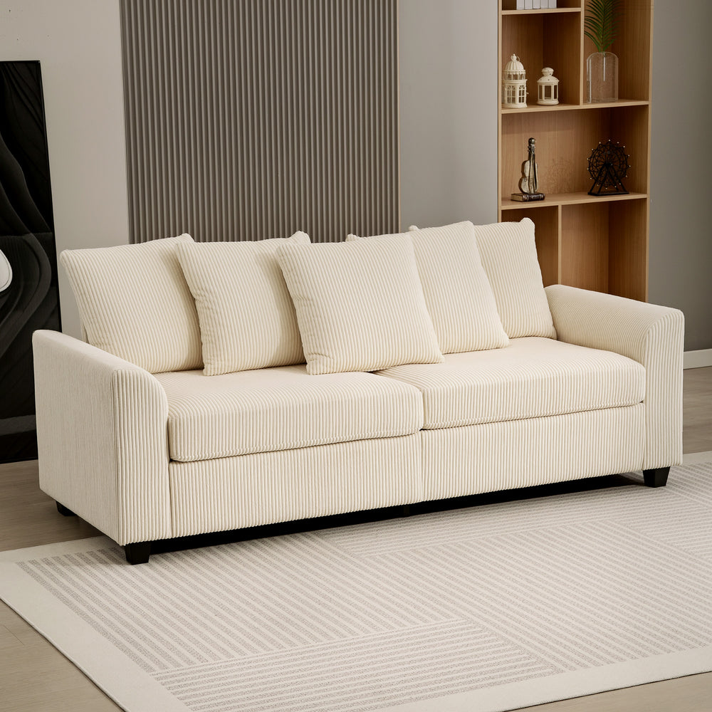 Canapé 3 places en velours côtelé avec accoudoirs incurvés et 8 coussins amovibles, beige