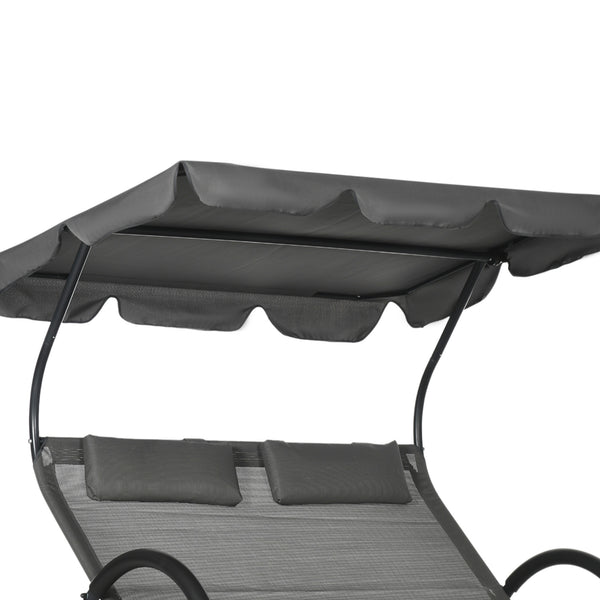 Outdoor Patio Chaise Lounge Chair, Patio Sun Lounger w/ Sunshade Roof, for Two People with Wheels and Breathable Sling Mesh Bed, Pillows, Dark Gray