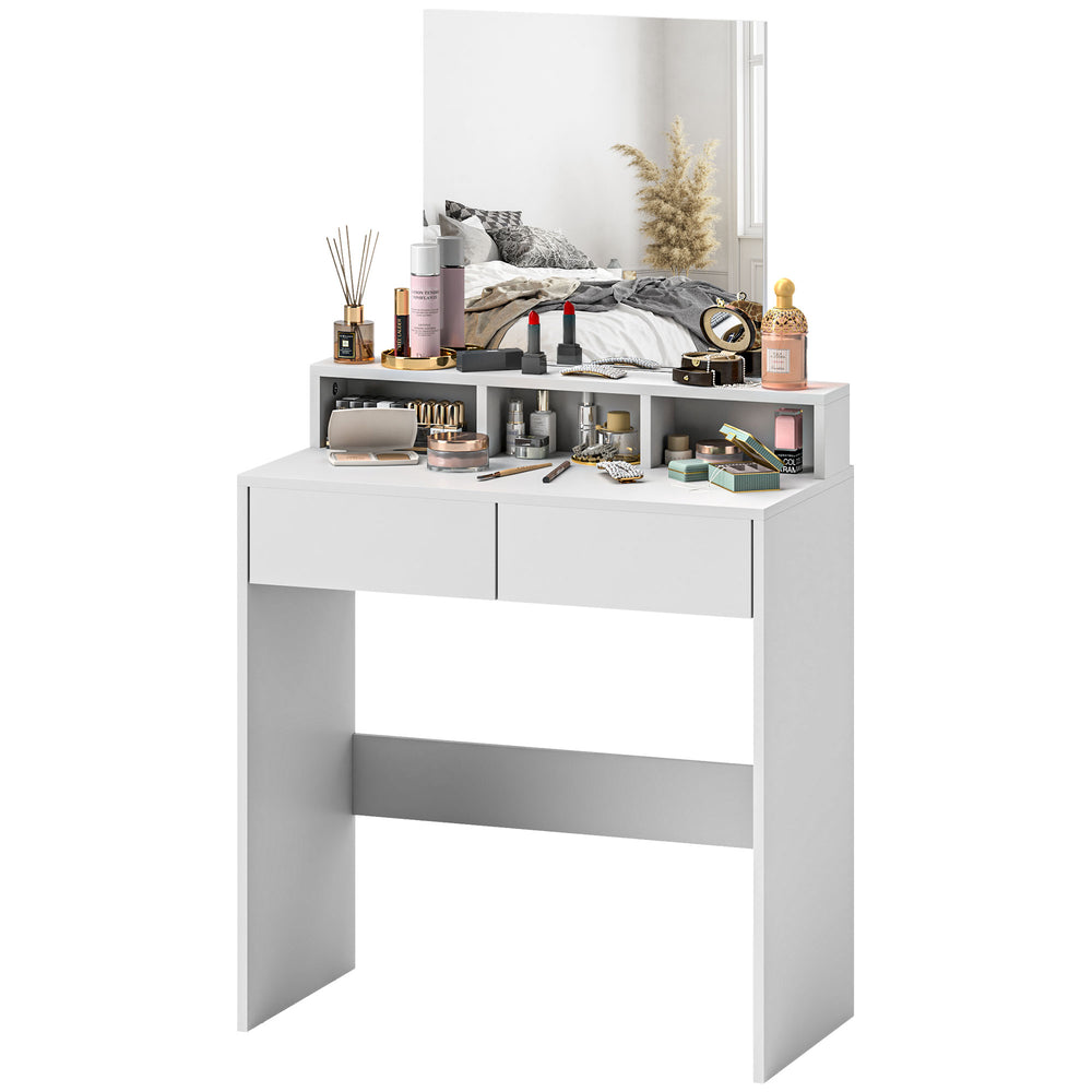 Coiffeuse avec miroir, tiroirs et compartiments, blanche