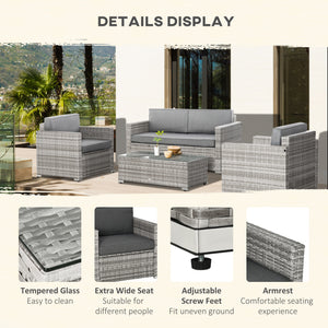 4 Pieces Patio Wicker Sofa Set, Outdoor PE Rattan Extra Wide Seat Conversation Furniture w/ Tempered Glass Table-top & Thick Padded Cushion for Garden, Backyard, Lawn, Mixed Grey