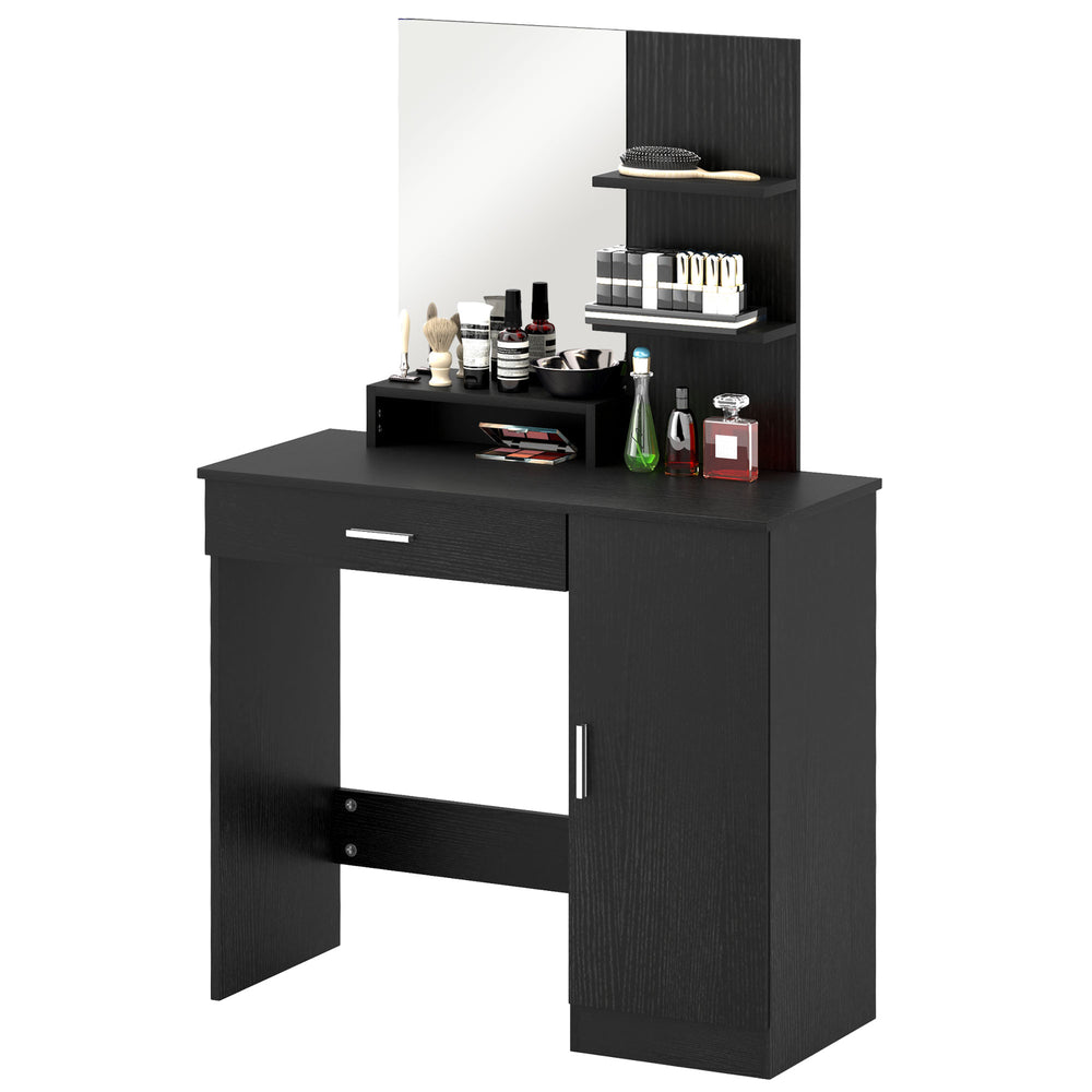 Coiffeuse avec miroir, tiroir, compartiment ouvert et étagères, noir