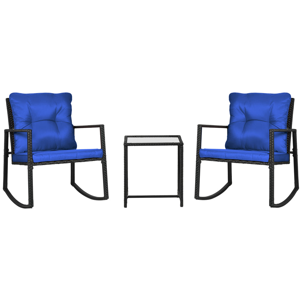 Ensemble bistrot à bascule 3 pièces en osier bleu avec table basse en verre, idéal pour terrasse ou jardin