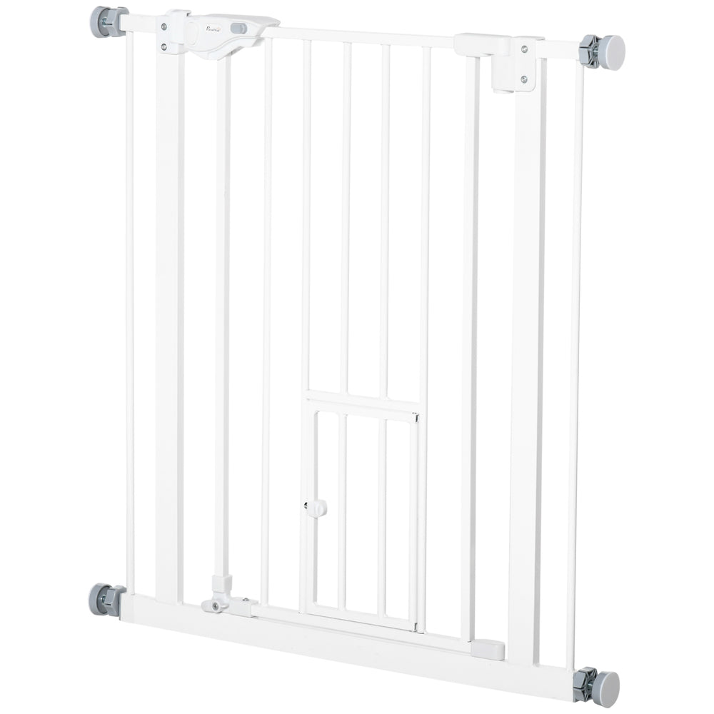 Extra Wide Pressure Fit Pet Gate with Cat Flap, White