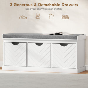 Entryway bench with 3 removable drawers and padded seat cushion, white
