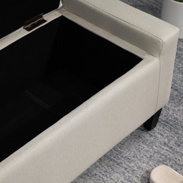 Banc ottoman de rangement capitonné en tissu toucher lin avec plateau rabattable, beige