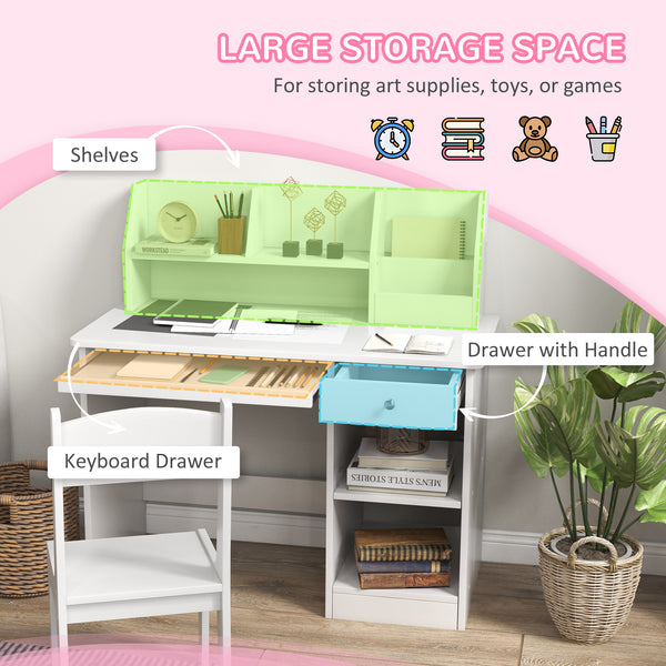 Kids Desk and Chair Set for 5-8 Year Olds with Storage, Study Table and Chair, White