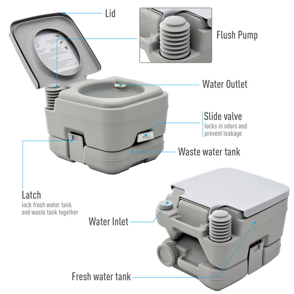 Toilettes de voyage portables avec réservoir à chasse d'eau, 10 litres