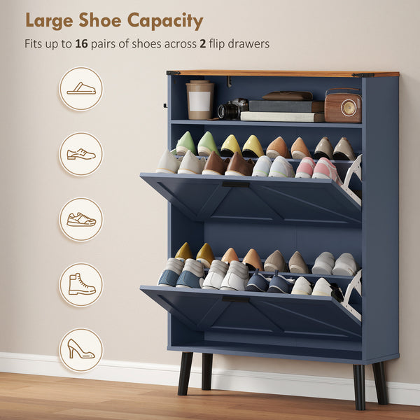 Shoe cabinet with 2 tilt-out drawers, country style, narrow, holds up to 16 pairs, blue