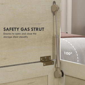 Farmhouse-style storage chest with safety hinge