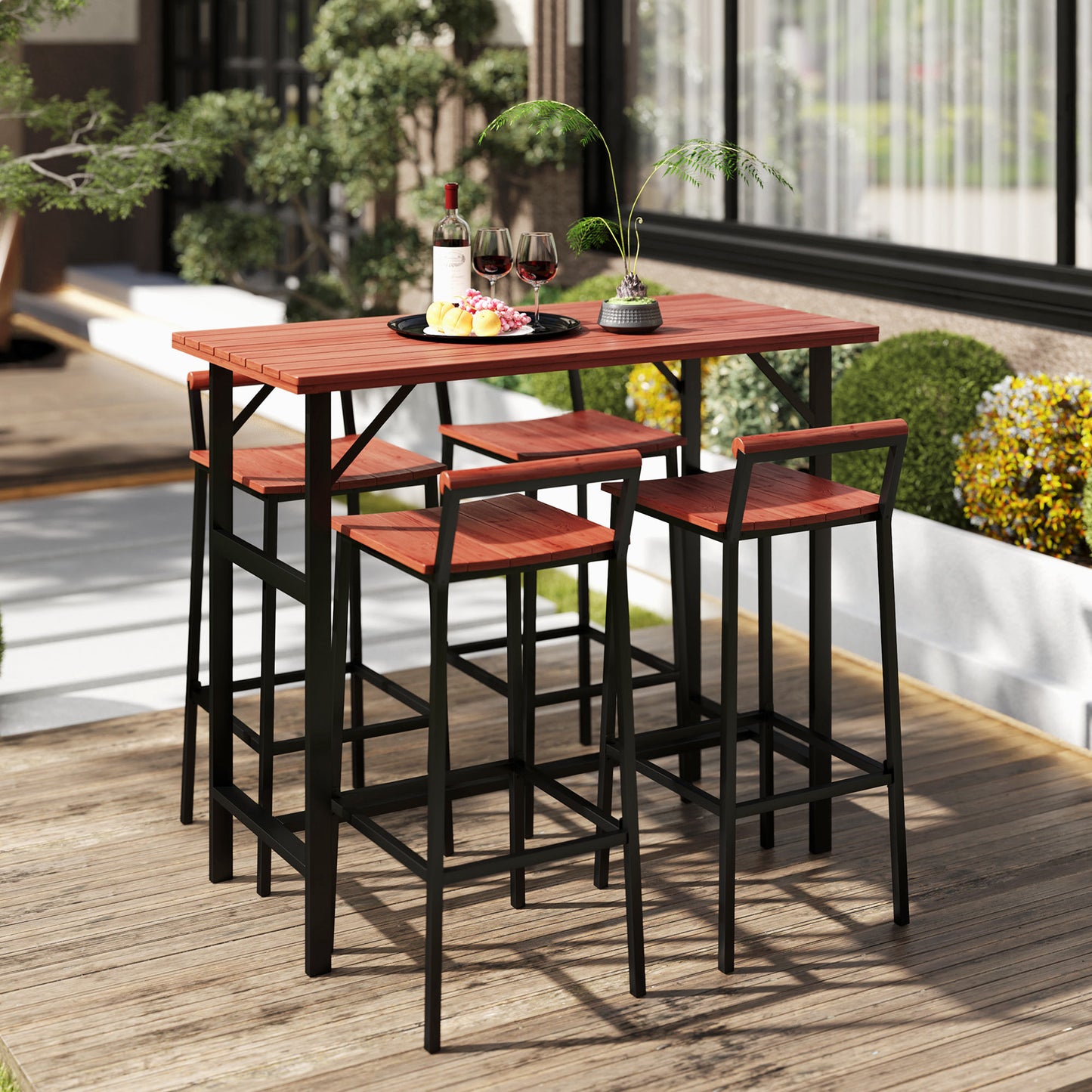 Ensemble de bar Outsunny 5 pièces avec table de 119 cm et 4 tabourets de bar, pour jardin, balcon, véranda, piscine, pelouse, marron