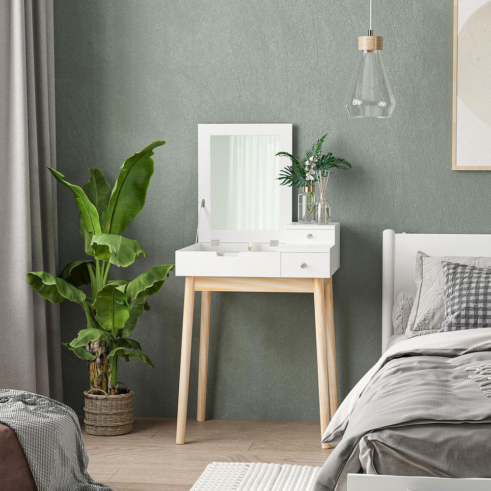Coiffeuse avec miroir rabattable et 2 tiroirs, blanche