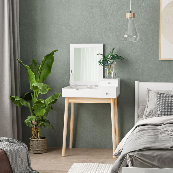 Coiffeuse avec miroir rabattable et 2 tiroirs, blanche