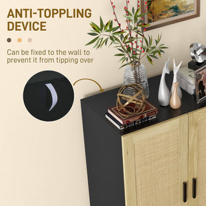 Buffet bohème, meuble d'appoint avec 2 portes en rotin et étagères réglables, noir et beige