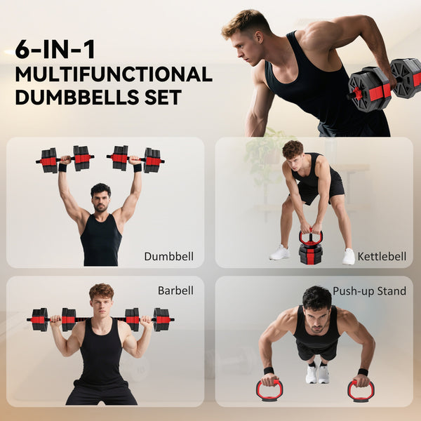 Ensemble d’haltères ajustables 6 en 1 de 44 lb avec barre, kettlebell et supports à pompes