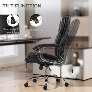 Office chair with spring cushion, faux leather upholstery, black.