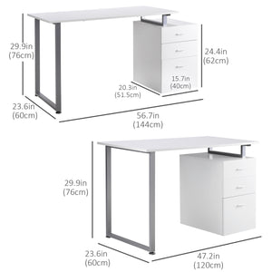 Computer desk with reversible multi-use filing drawers, white