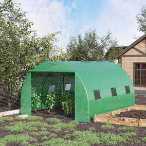 Green tunnel greenhouse with zip-up door and 6 mesh windows