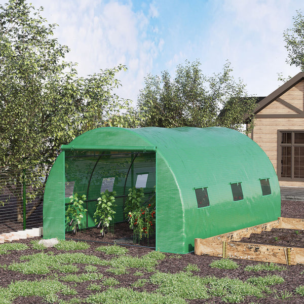 Green tunnel greenhouse with zip-up door and 6 mesh windows