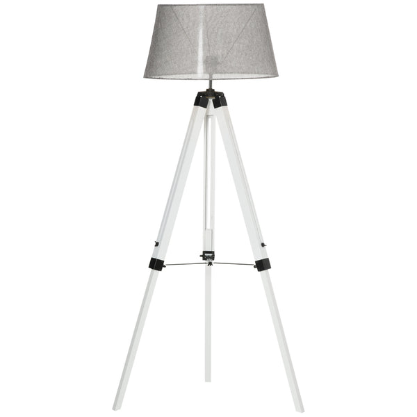 Lampadaire trépied en bois à hauteur réglable, blanc et gris