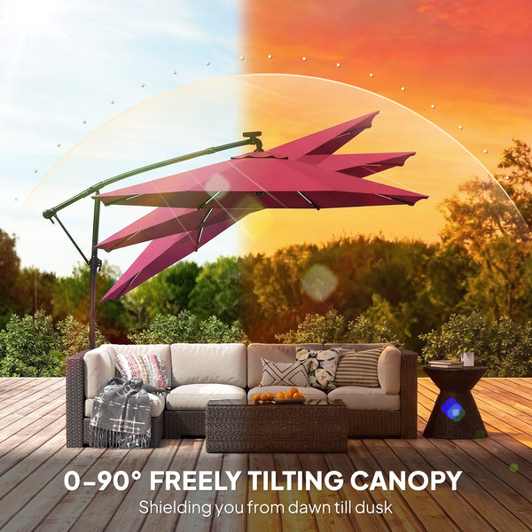 Parasol déporté de 3 m avec éclairage solaire avec rotation à 360°, inclinaison et housse de protection, rouge bordeaux