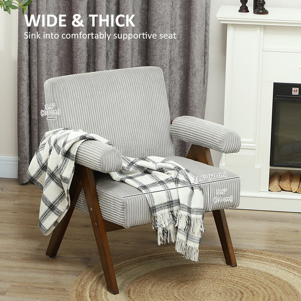 Fauteuil d'appoint en velours côtelé avec assise large et accoudoirs rembourrés, gris clair
