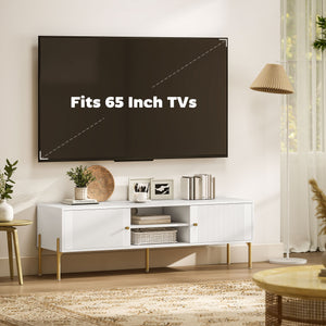 TV stand for TVs up to 65 inches with 2 open shelves, 2 cupboards and steel legs, white