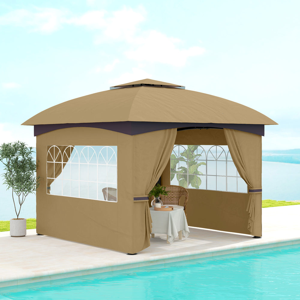 Outsunny 11' x 11' Outdoor Gazebo, Double Roof Patio Gazebo Canopy with Curtains, Church Windows, Galvanized Steel Frame, Beige |