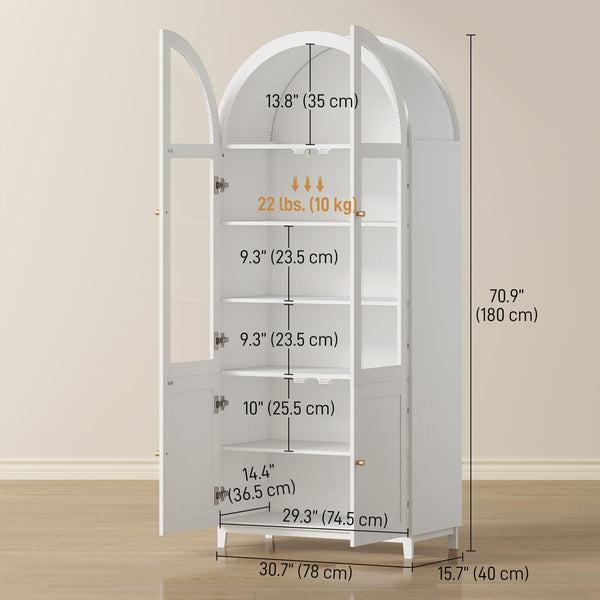 Arched Kitchen Pantry Cabinet, 71" Tall Farmhouse Kitchen Storage Cabinet with Acrylic Glass Doors, White