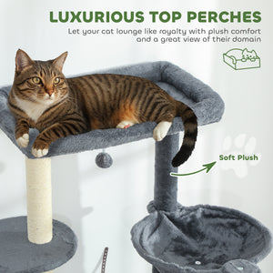 Tall cat tree with scratching posts, perches, caves, hammock and pom-poms, for 2 to 3 indoor cats, dark grey