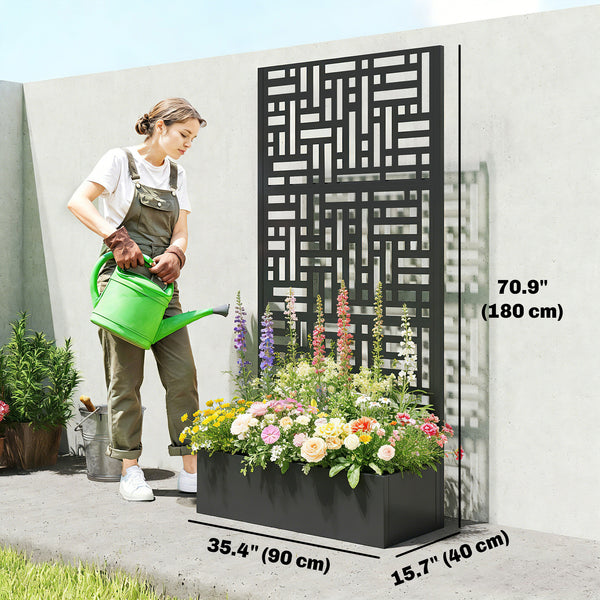 Jardinière surélevée galvanisée avec treillis, bac à fleurs en métal de 180 cm de haut avec écran d'intimité et trous de drainage