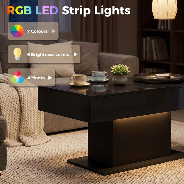 LED Coffee Table with Storage, High Gloss Modern Centre Table with 2 Drawers and Remote Control for Living Room, Black