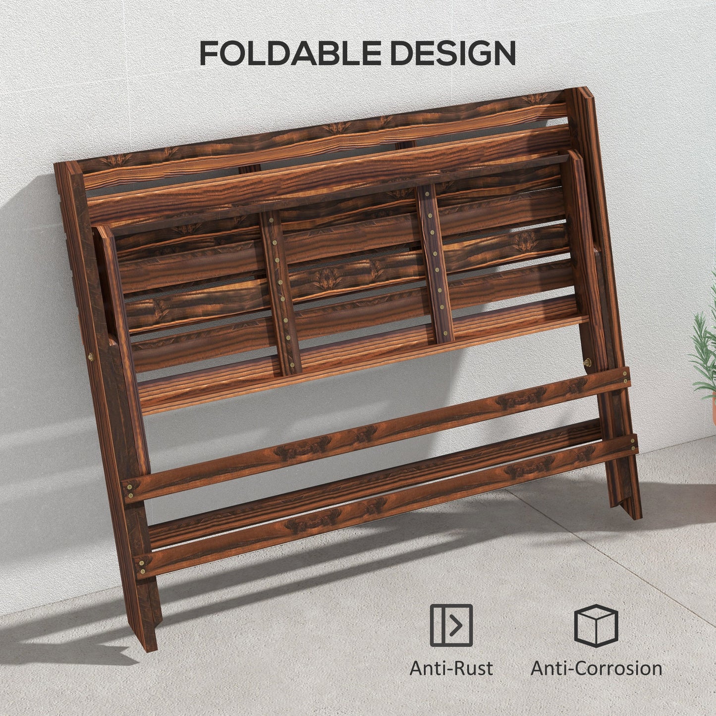 Banc d'extérieur en bois 2 places avec dossier et assise à lattes, finition carbonisée