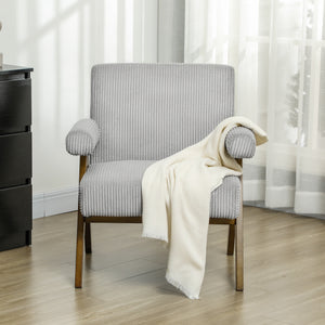Fauteuil d'appoint en velours côtelé avec assise large et accoudoirs rembourrés, gris clair