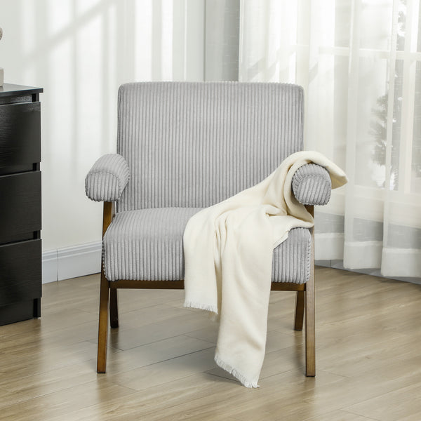 Fauteuil d'appoint en velours côtelé avec assise large et accoudoirs rembourrés, gris clair
