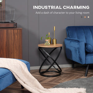 Table d'appoint industrielle avec plateau rond, cadre en acier, marron clair