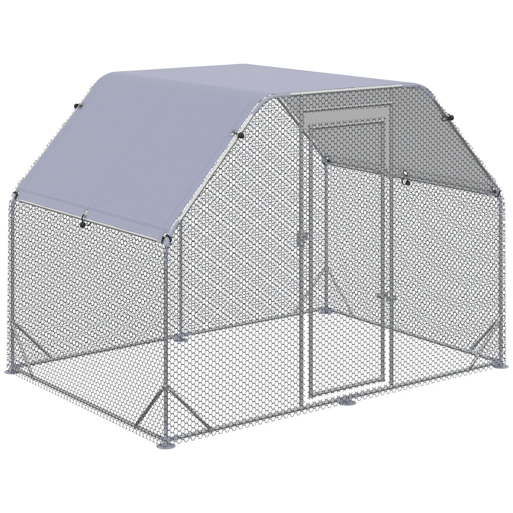 Galvanized metal chicken coop with flat roof and tarp