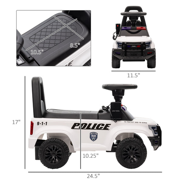 Kids' Sliding Police Car with Hidden Underseat Storage, Megaphone, Removable Backrest, White