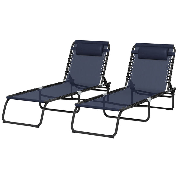 Lot de 2 chaises longues pliantes, réglables avec appui-tête, inclinables, bleu foncé