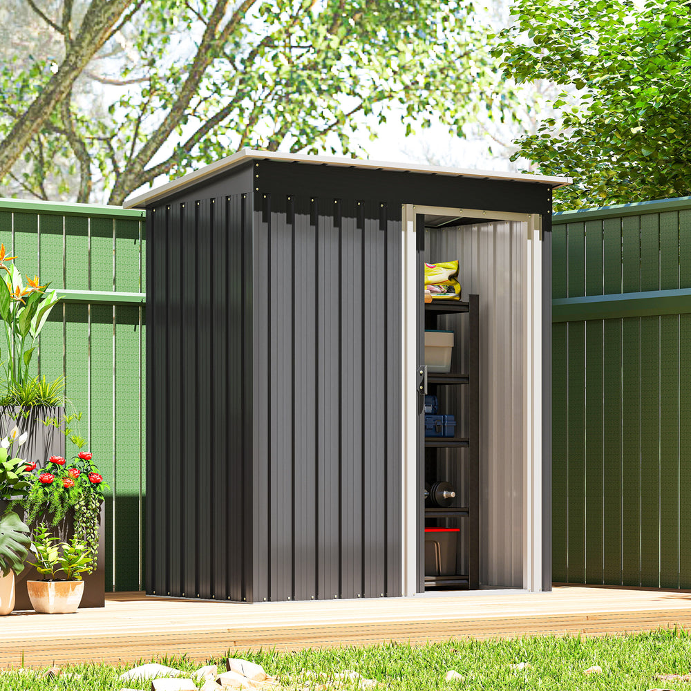 Garden shed with sliding door and sloping roof, steel frame, black