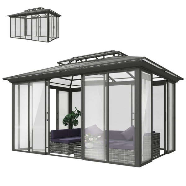 Gazebo d'extérieur 10' x 14'  à toit rigide, véranda en aluminium avec portes coulissantes, double toit, gris foncé