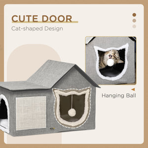 Maison pour chat avec coussin moelleux, griffoir, balle suspendue et double entrée, gris.