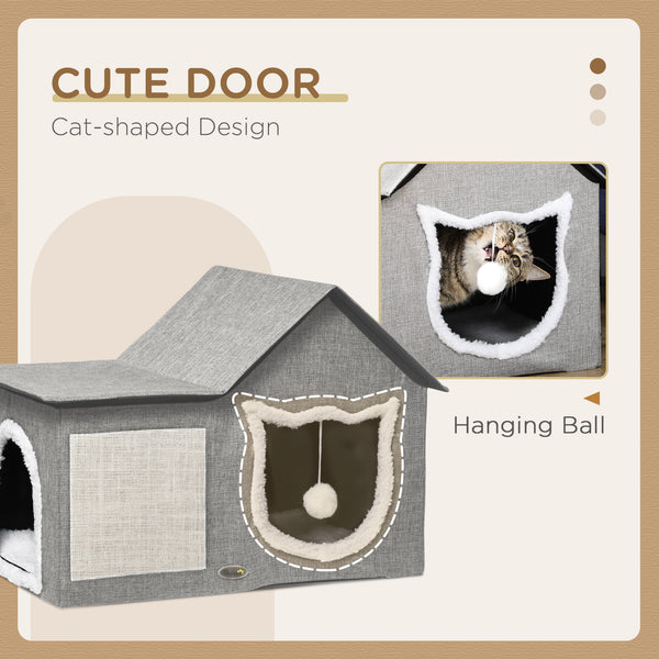 Maison pour chat avec coussin moelleux, griffoir, balle suspendue et double entrée, gris.