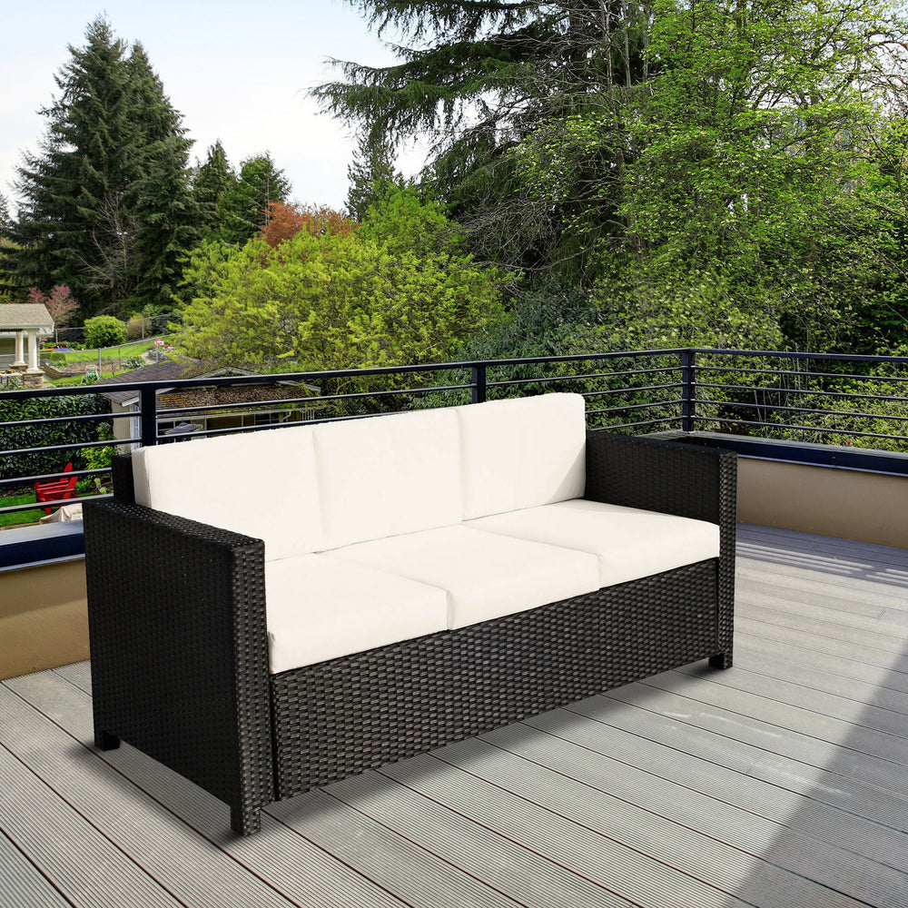 Canapé 3 places en rotin et osier, mobilier de jardin extérieur avec coussin, blanc crème