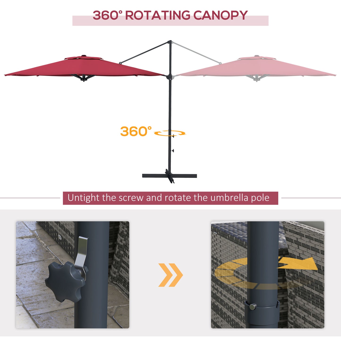 Parasol déporté 3m suspendu en aluminium avec rotation à 360°, manivelle, inclinaison, base croisée, rouge