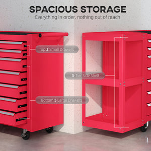 7-Drawer Rolling Tool Chest with Detachable Side Shelf, Lockable Tool Cabinet Box Organizer with Wheels, Red