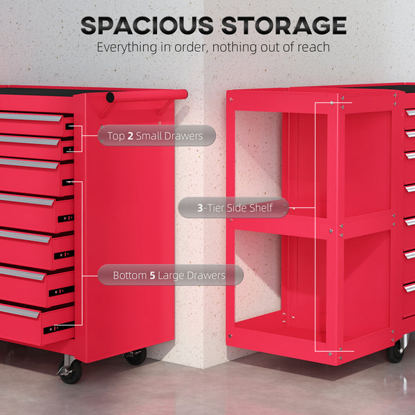 7-Drawer Rolling Tool Chest with Detachable Side Shelf, Lockable Tool Cabinet Box Organizer with Wheels, Red
