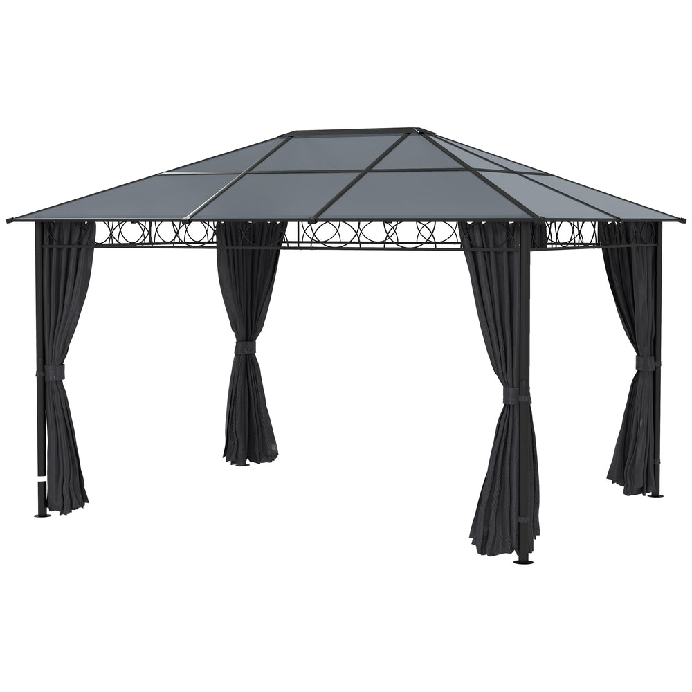 Abri de jardin moderne avec toit rigide en polycarbonate, structure en aluminium et rideaux pour plus d’intimité en plein air