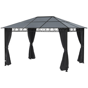 Gazebo de jardin 13' x 10' en polycarbonate rigide, avec cadre en aluminium et rideaux, gris foncé