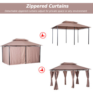 10' x 13' Patio Gazebo, Outdoor 2-Tiers Garden Canopy Yard Sunshade Shelter with Curtains, Khaki