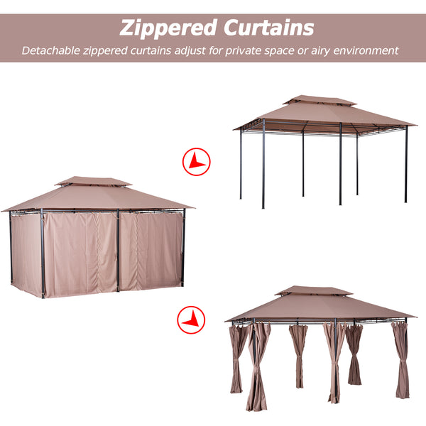 10' x 13' Patio Gazebo, Outdoor 2-Tiers Garden Canopy Yard Sunshade Shelter with Curtains, Khaki